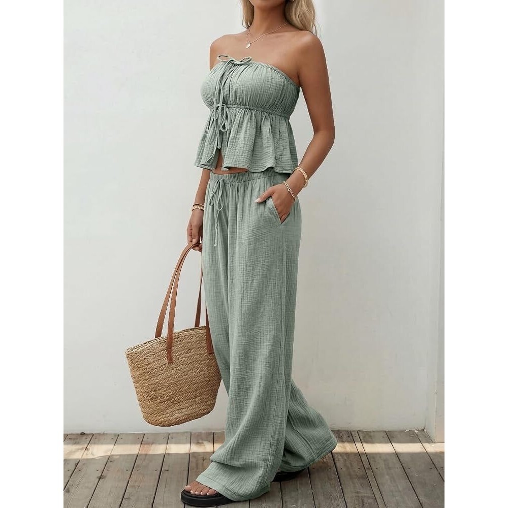 Lillusory 100% Cotton Gauze Strapless Peplum Bandeau Top Wide Leg Pants Set S
